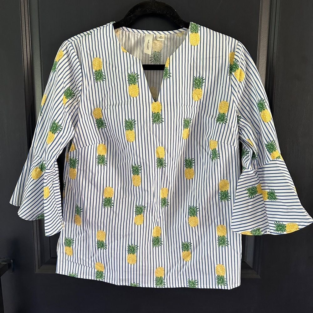 Tacera blue and white striped bell sleeve top with yellow and green pineapples